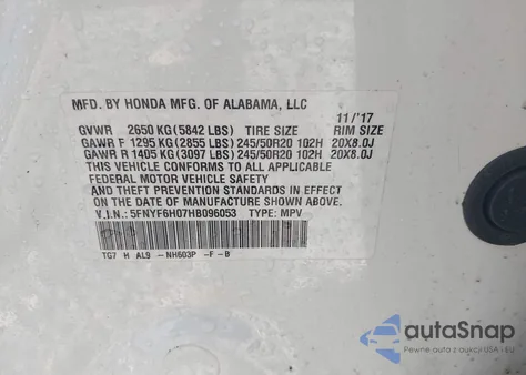 2017 Honda Pilot Elite z USA, uszkodzony, nr VIN 5FNYF6H07HB096053